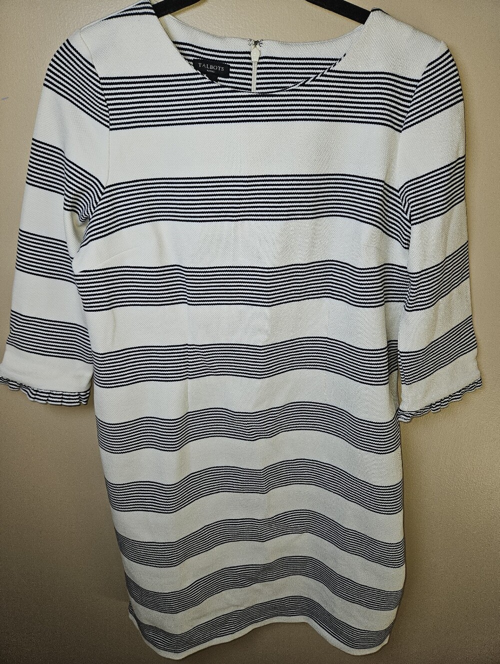 Talbots Black White Stripe Knee Length Shift Office Career Dress 8 Petite NEW